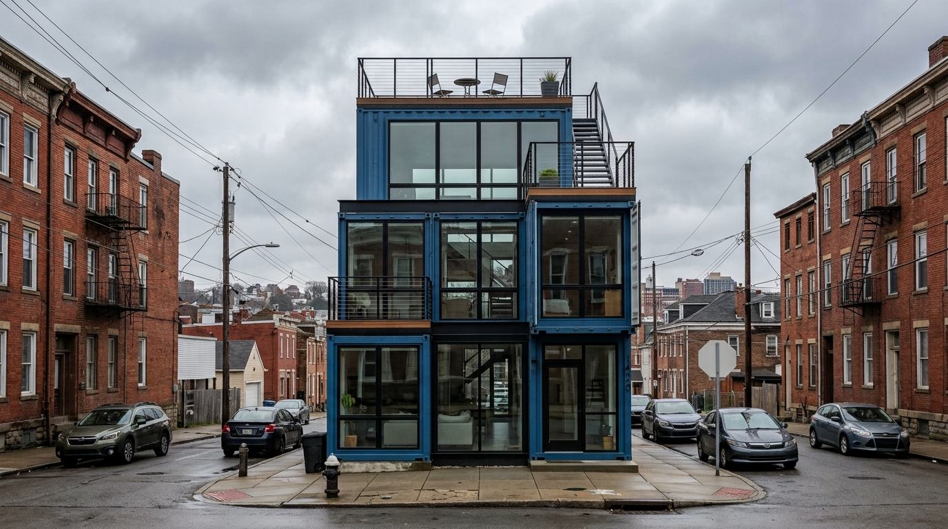 Three-story blue shipping container home on a Pittsburgh street corner flanked by brick rowhouses, with rooftop deck visible