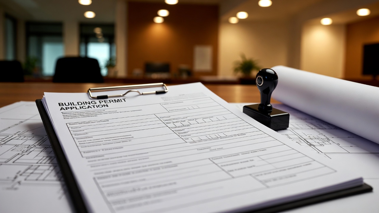 Building permit application form with rubber stamp on a desk