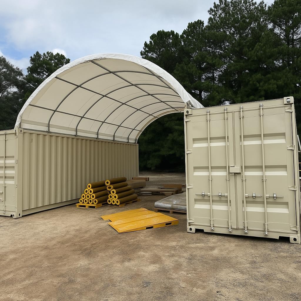 Chery Industrial 20x40 shipping container canopy shelter between two tan containers in wooded setting