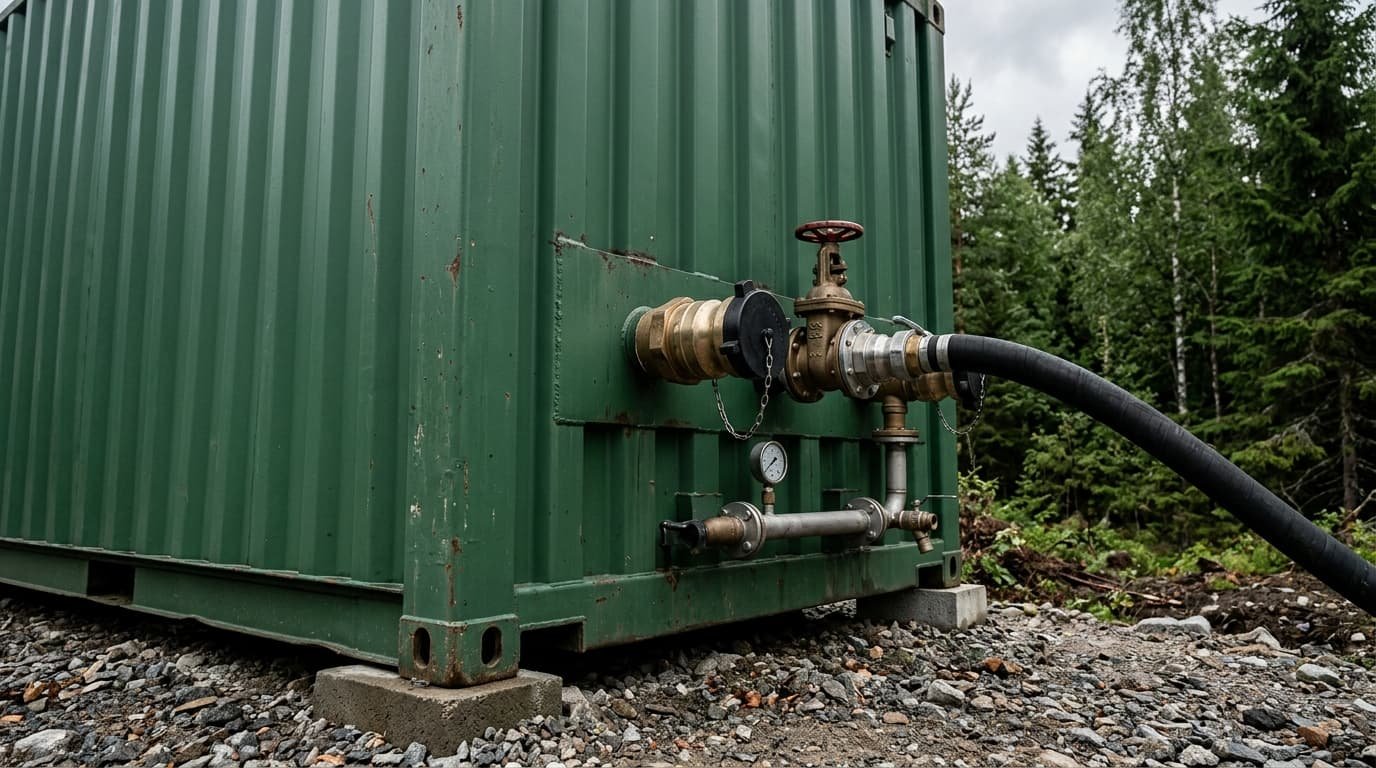Shipping container water tank with fire hose fittings in a Pacific Northwest forest