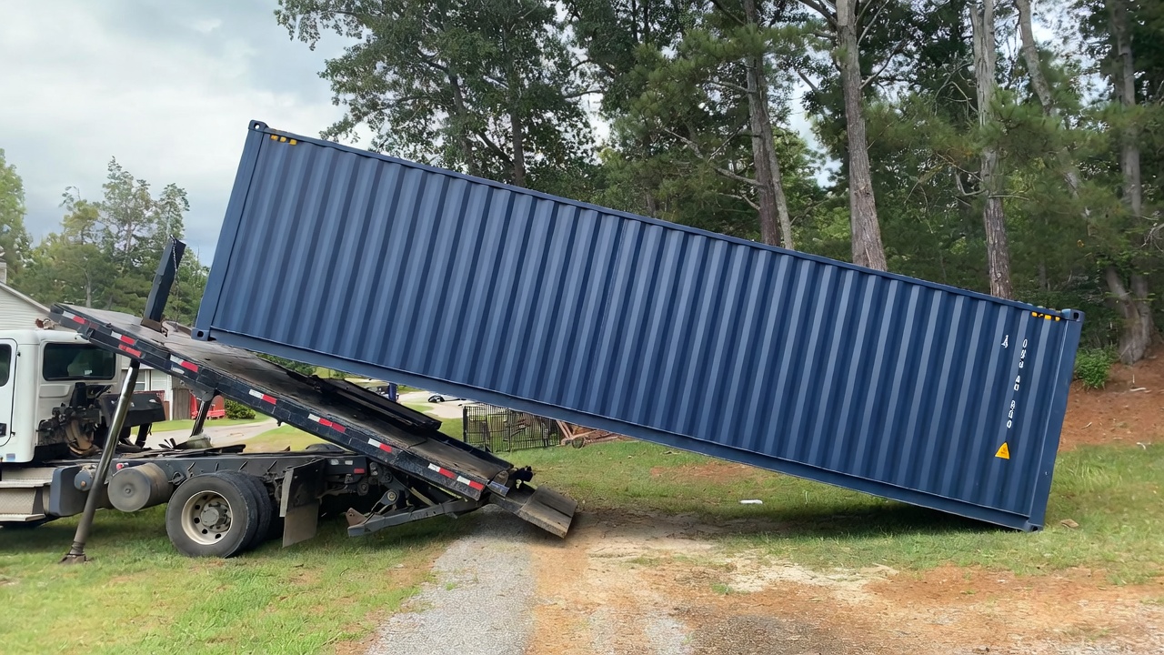 A 40ft shipping container being delivered by a tilt-bed truck
