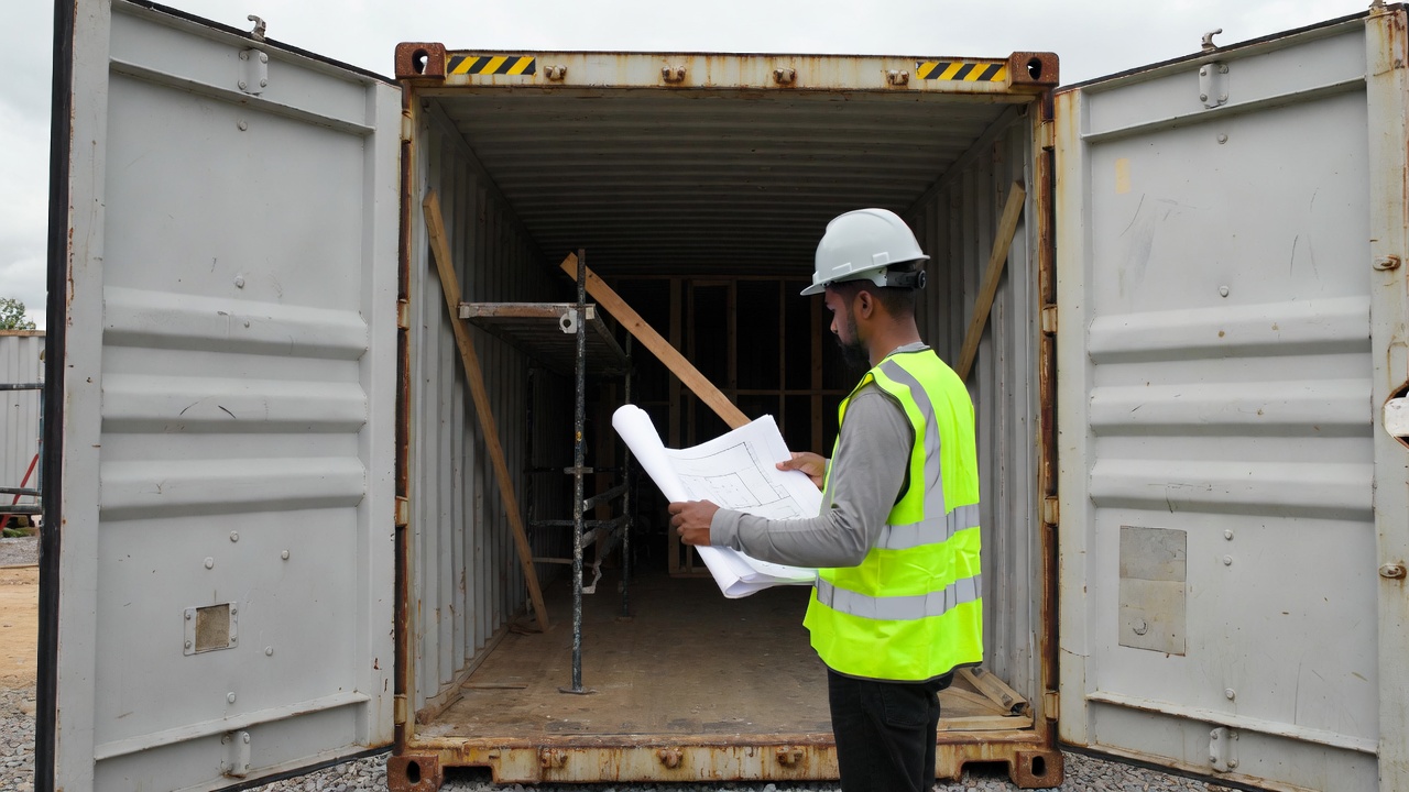 Contractor in hi-vis vest reviewing blueprints inside an open shipping container
