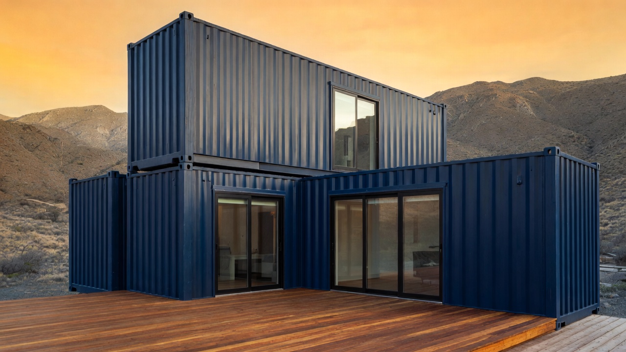 Modern two-story navy container home at sunset with mountain backdrop