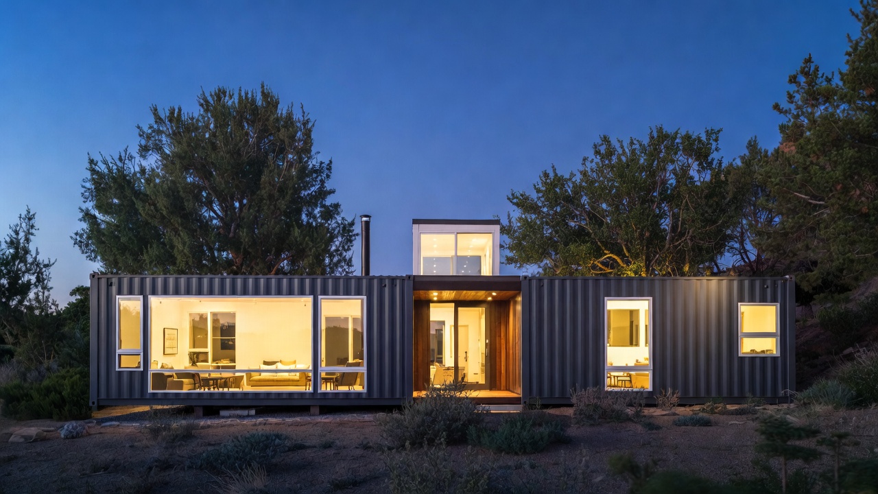 Modern container home at dusk