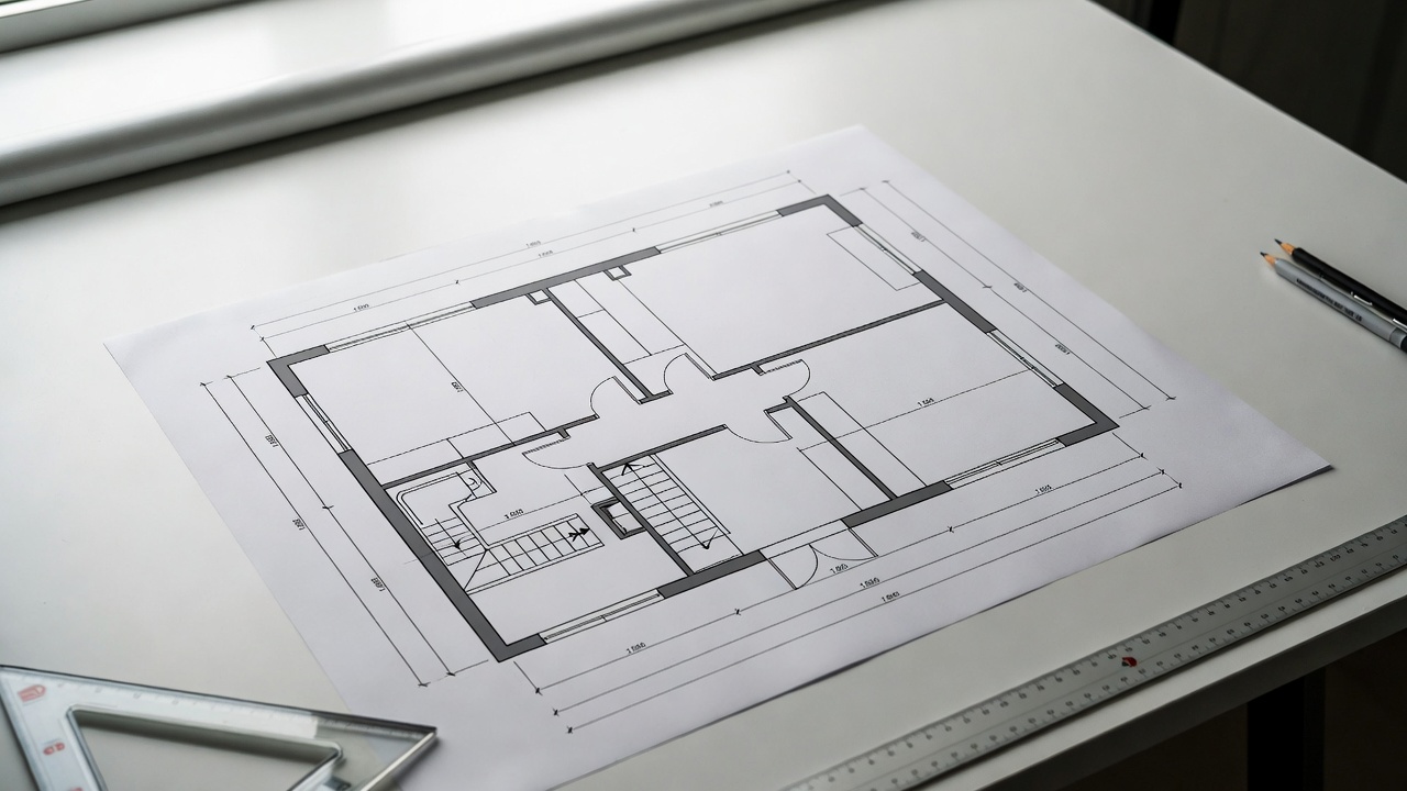 Architectural floor plan drawing on a drafting table