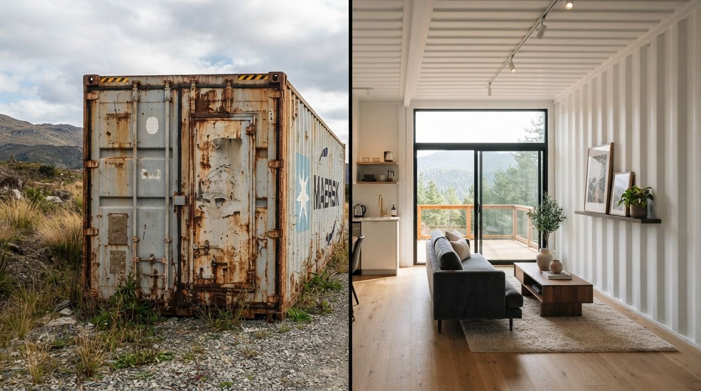 Split image showing a heavily rusted Maersk shipping container on the left and a finished luxury container home interior with wood floors, exposed corrugated ceiling, and mountain views on the right