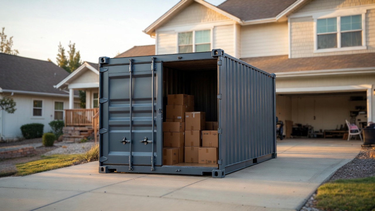 Open shipping container on a residential driveway filled with moving boxes