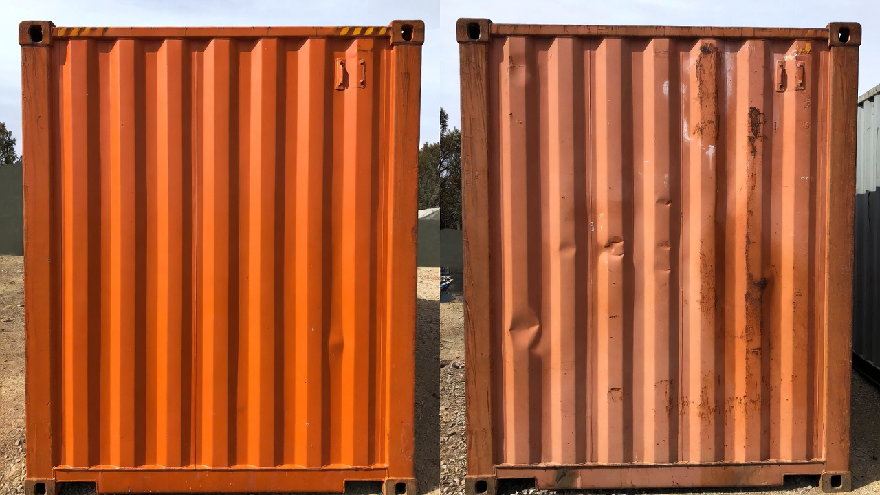 Side-by-side comparison of a new and a used shipping container