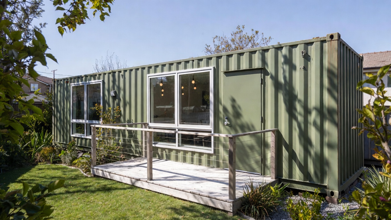 Green shipping container converted into a backyard office with deck and windows