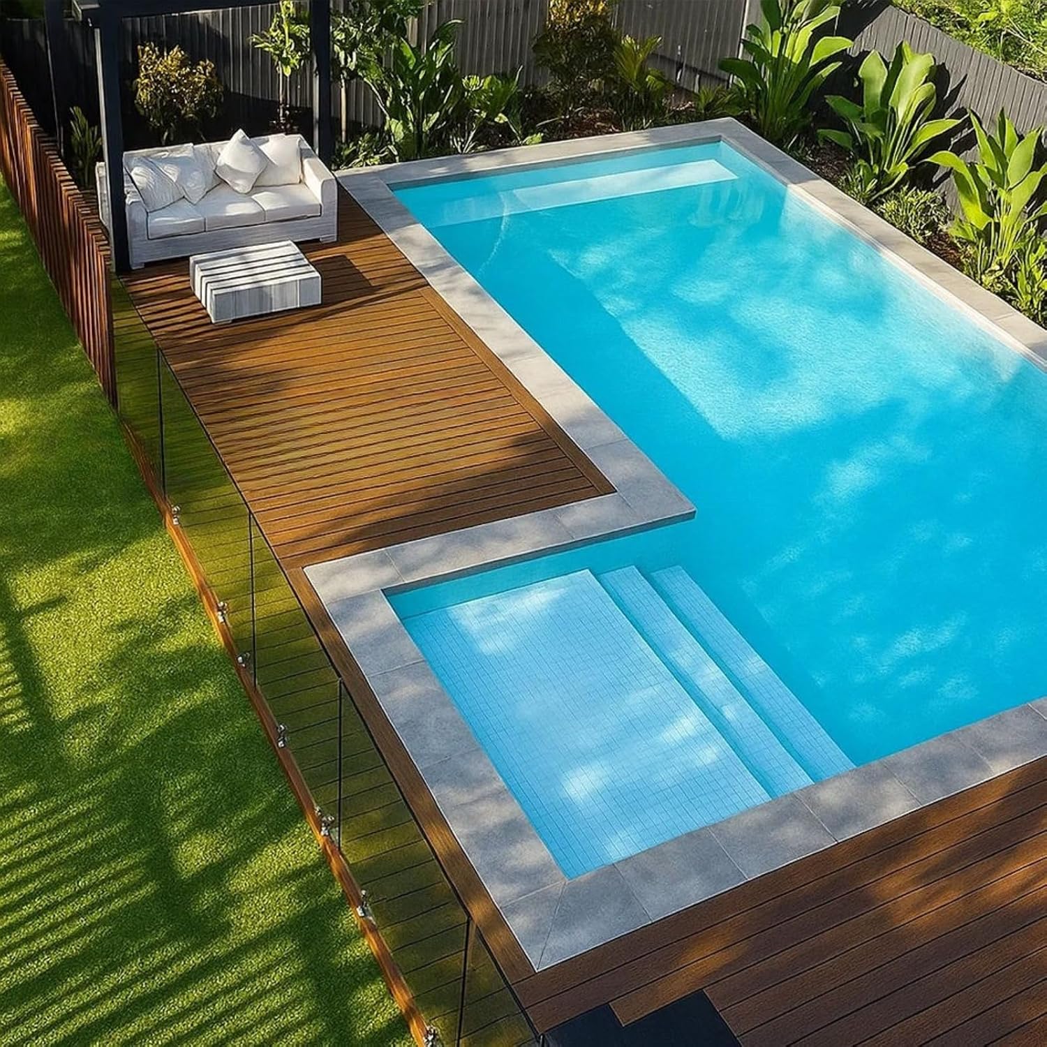 Aerial view of a shipping container pool with timber deck, glass fencing, and steps — compact backyard installation