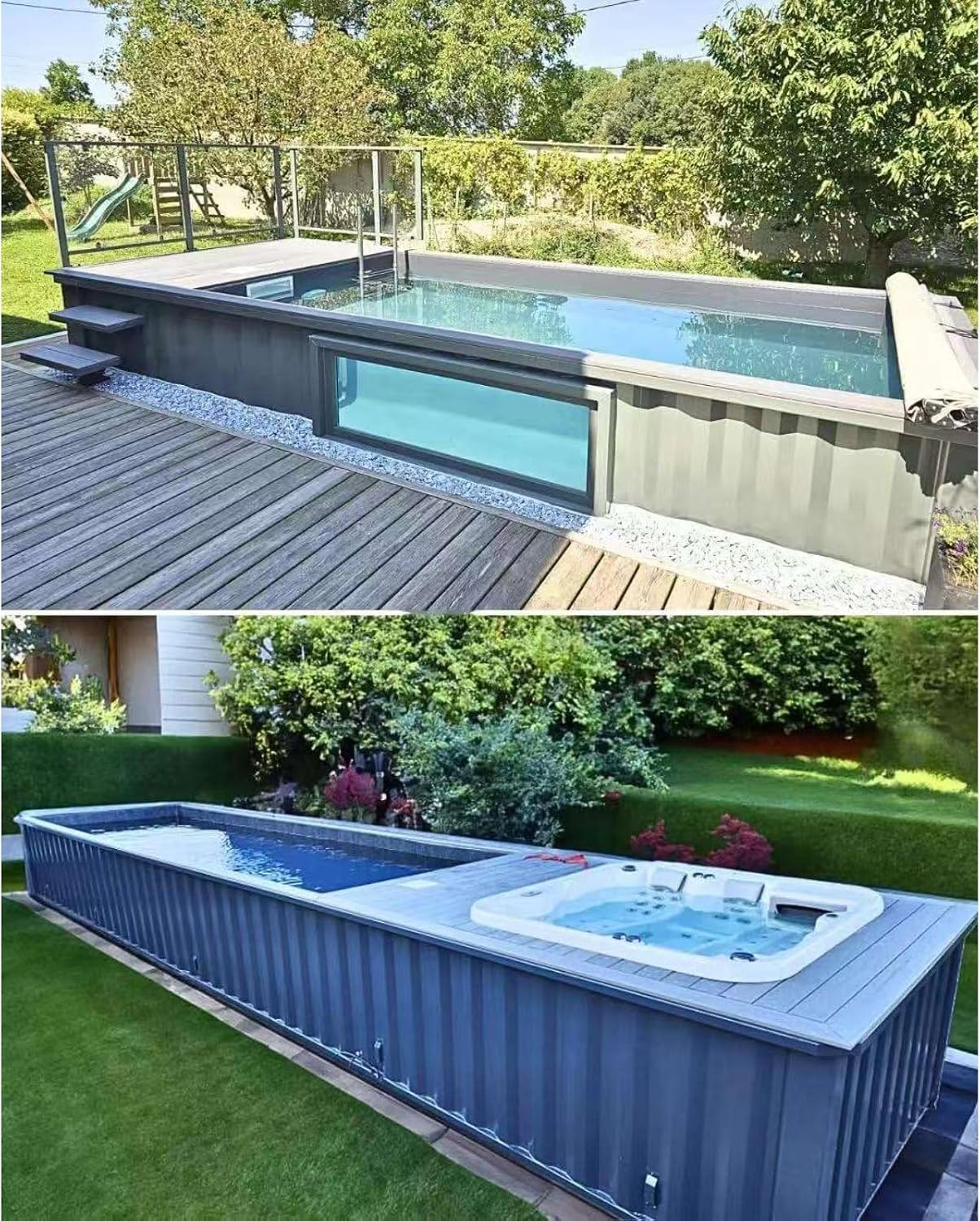 Shipping container pool with glass side panel and integrated hot tub — above-ground installation with timber deck surround