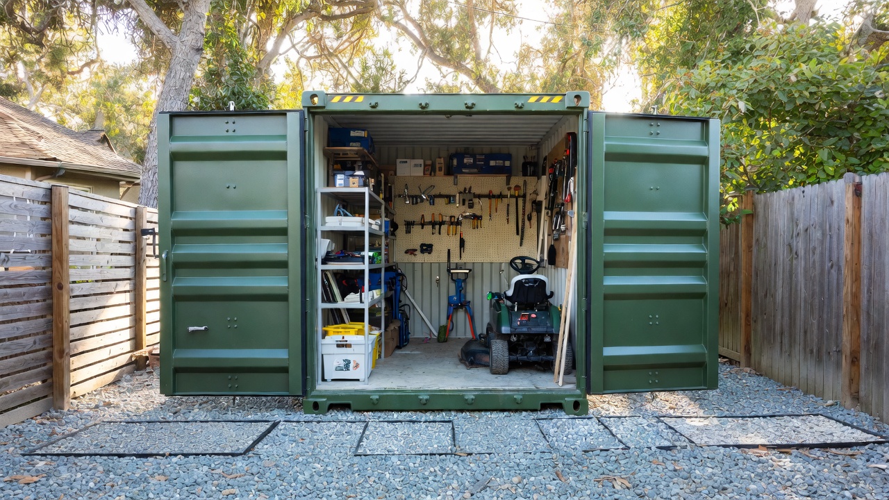 Green shipping container used as a tool shed with doors open showing organized interior