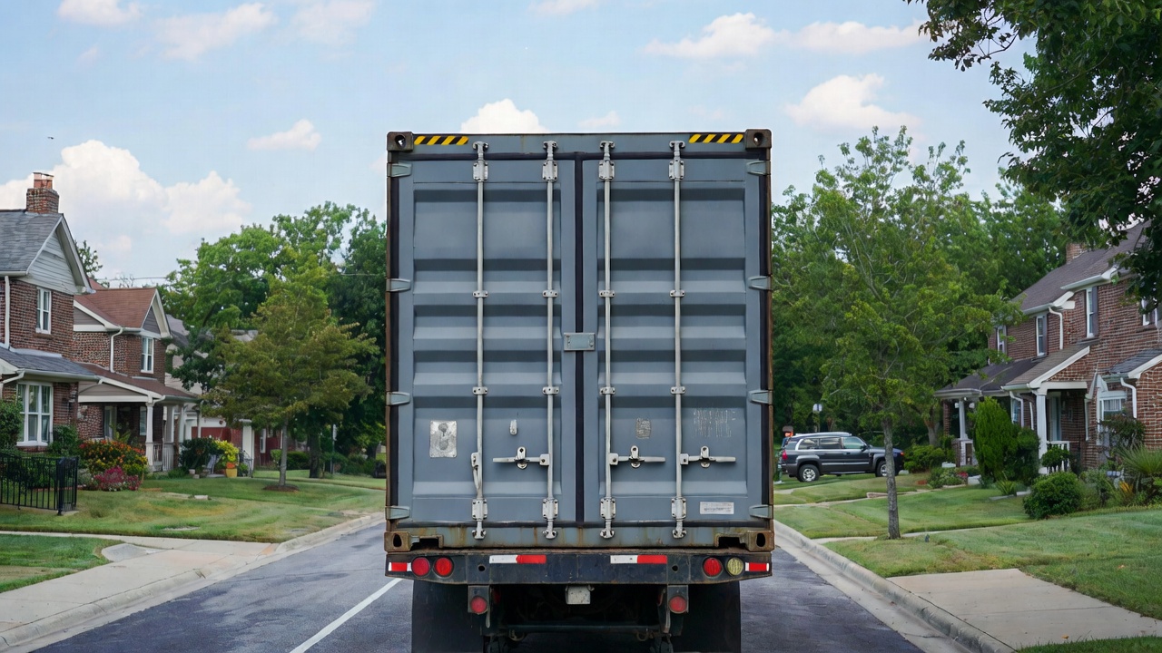 Shipping container being transported through a residential neighborhood