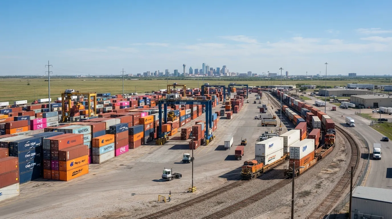 Shipping containers stacked at a North Texas rail intermodal yard, with container well cars, a BNSF locomotive, and the Dallas skyline on the horizon