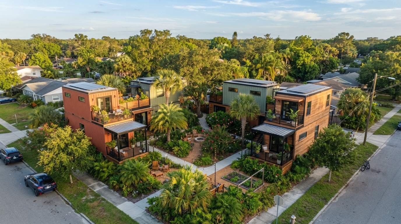 Aerial view of a cluster of modern converted shipping container homes arranged around a shared courtyard with lush Florida landscaping, finished with wood siding and covered porches in a residential neighborhood
