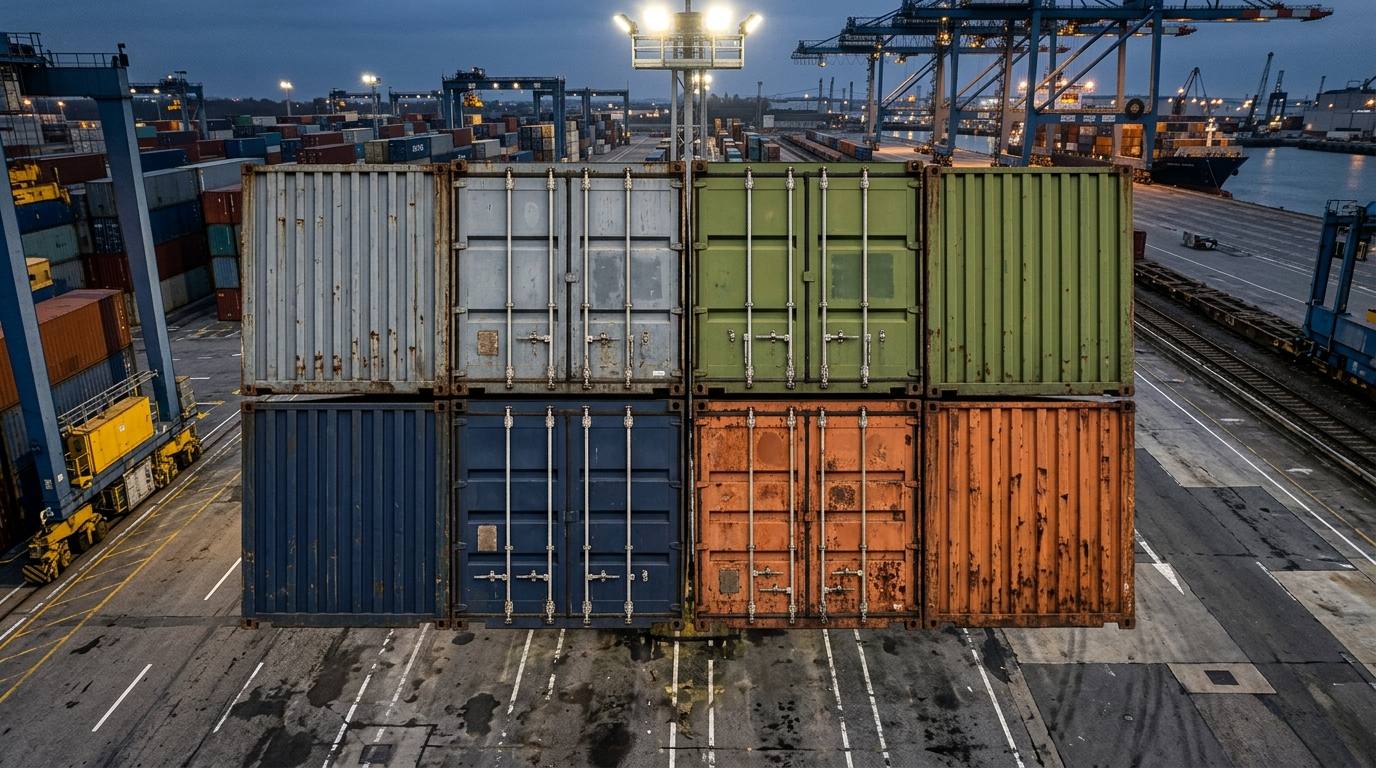 Four shipping containers in a 2x2 grid at a port — grey, green, navy, and rust — the same standard box repurposed for wildly different applications