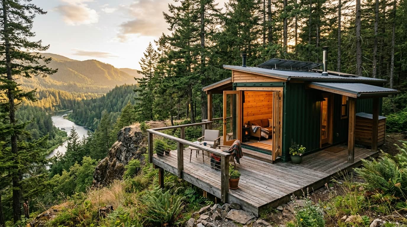 Matt and Paiton's $20K shipping container home on the Pend Oreille River bluff, Washington State