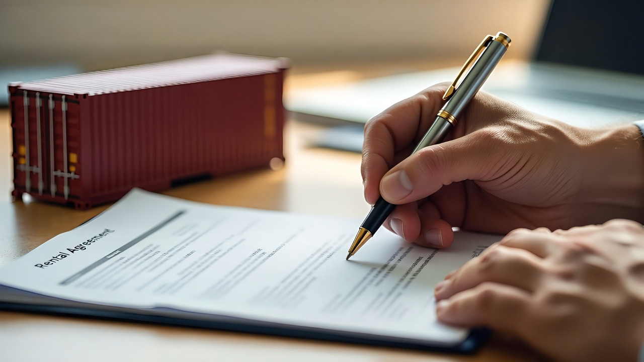 Hands signing a container rental agreement document