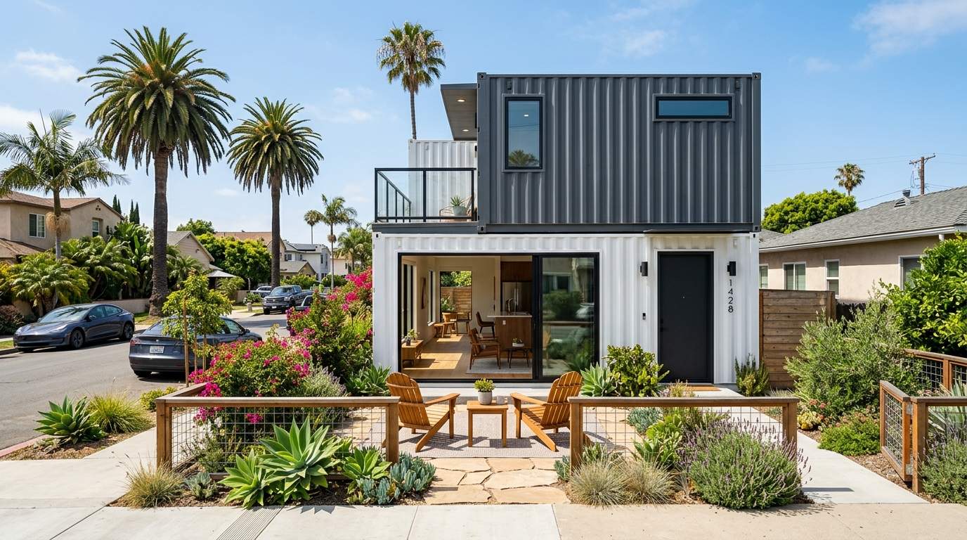 Two stacked shipping containers converted into a home in a San Diego neighborhood — white lower container, charcoal upper, open sliding doors, front garden with succulents and palm trees