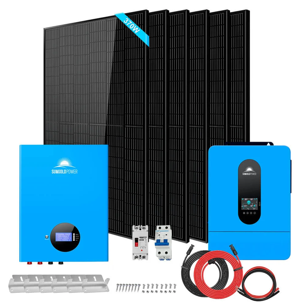 SunGoldPower SGM-6510M off-grid solar kit with 370W panels, inverter and wall-mount battery