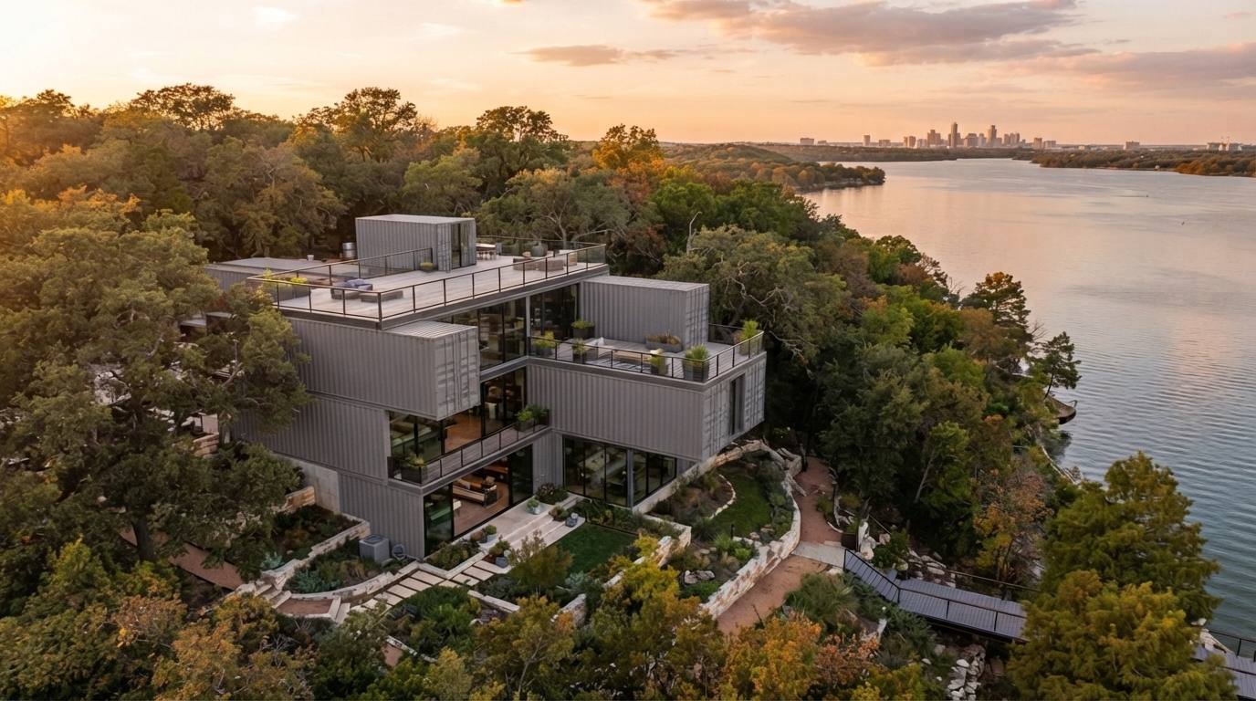 Multi-story shipping container home overlooking a Texas lake at golden hour, with stacked containers, floor-to-ceiling glass, rooftop deck, and city skyline in the background