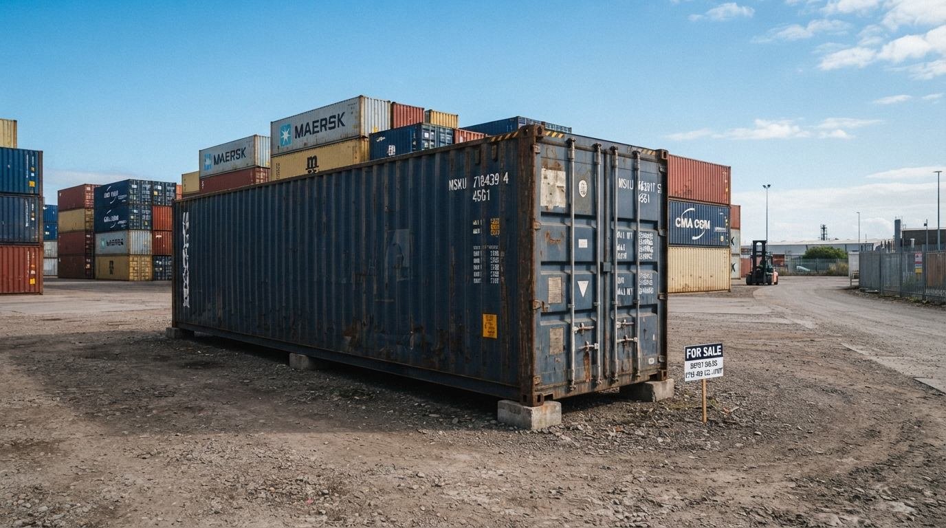Used 40ft conex container for sale at an outdoor container depot — surface rust patina, For Sale sign, stacked containers in background